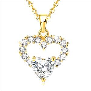 Gold Plated Heart Pendant Necklace with Cubic Zirconia, Adjustable Chain